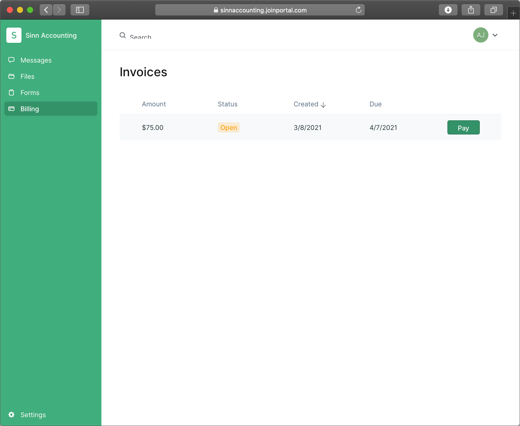Sinn Accounting client portal billing module
